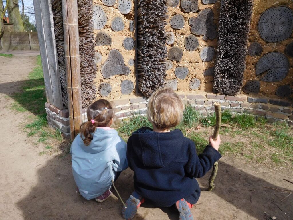 Kinderen kijken naar een insectenhotel