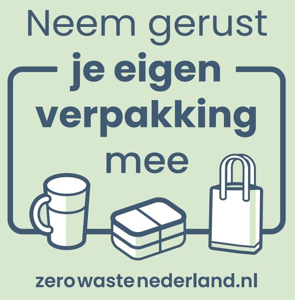 Sticker van Zero Waste Nederland met de tekst Neem gerust je eigen verpakking mee